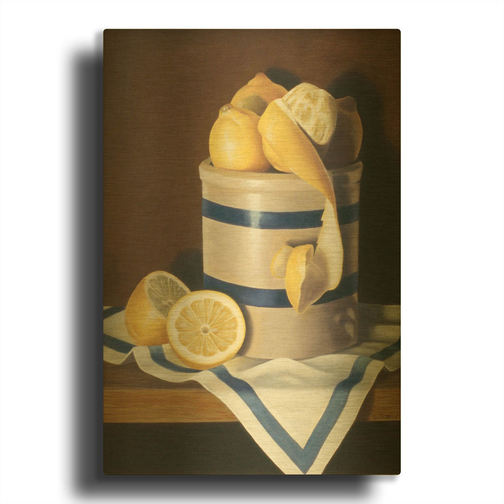 'Blue Stripes & Lemons' By Cecile Baird Gold Metal Wall Art