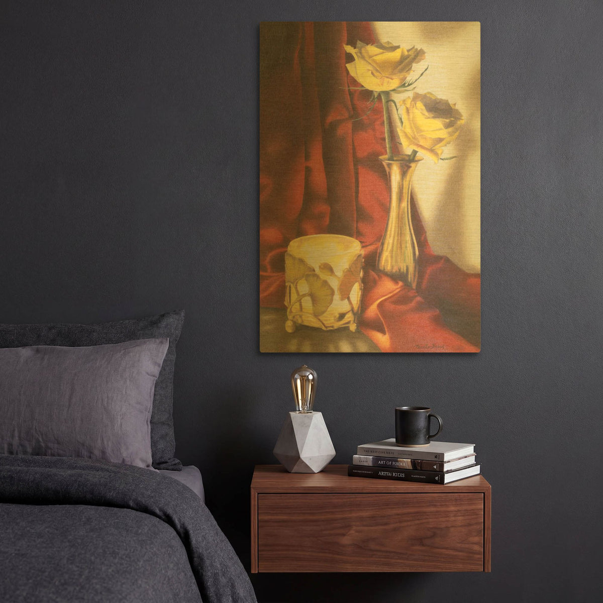 'Candle Lit Roses' By Cecile Baird Gold Metal Wall Art