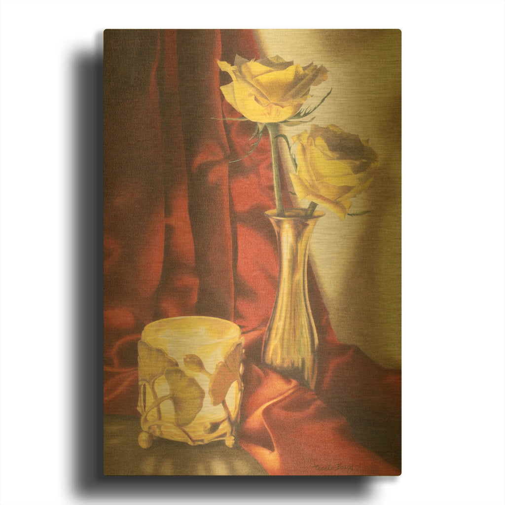 'Candle Lit Roses' By Cecile Baird Gold Metal Wall Art