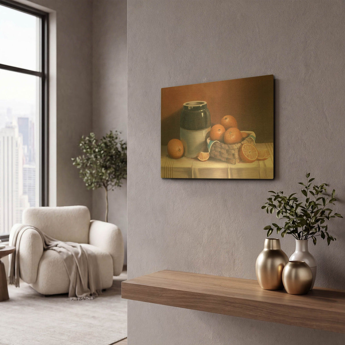 'Crock With Oranges' By Cecile Baird Gold Metal Wall Art