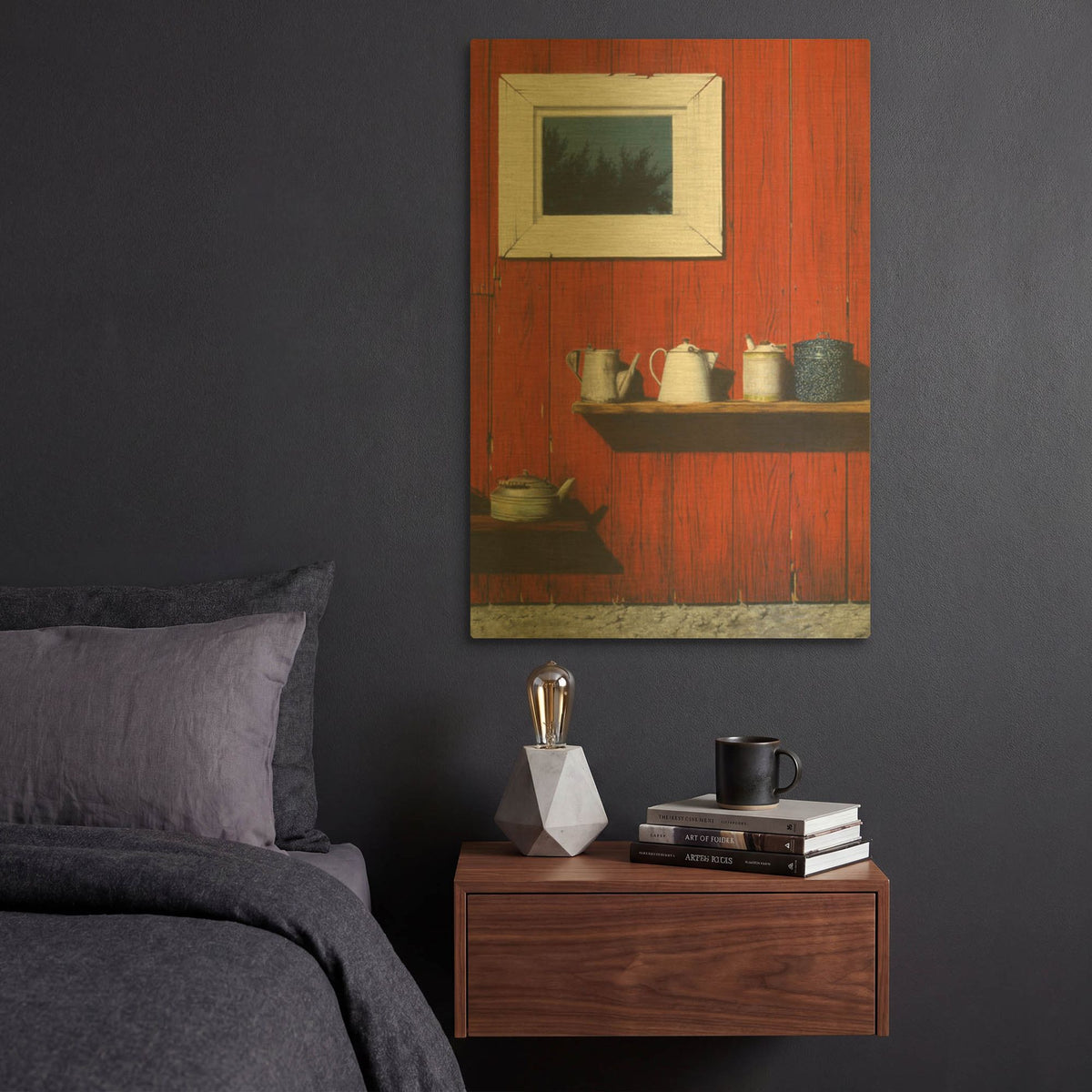 'Red Barn Antiques' By Cecile Baird Gold Metal Wall Art