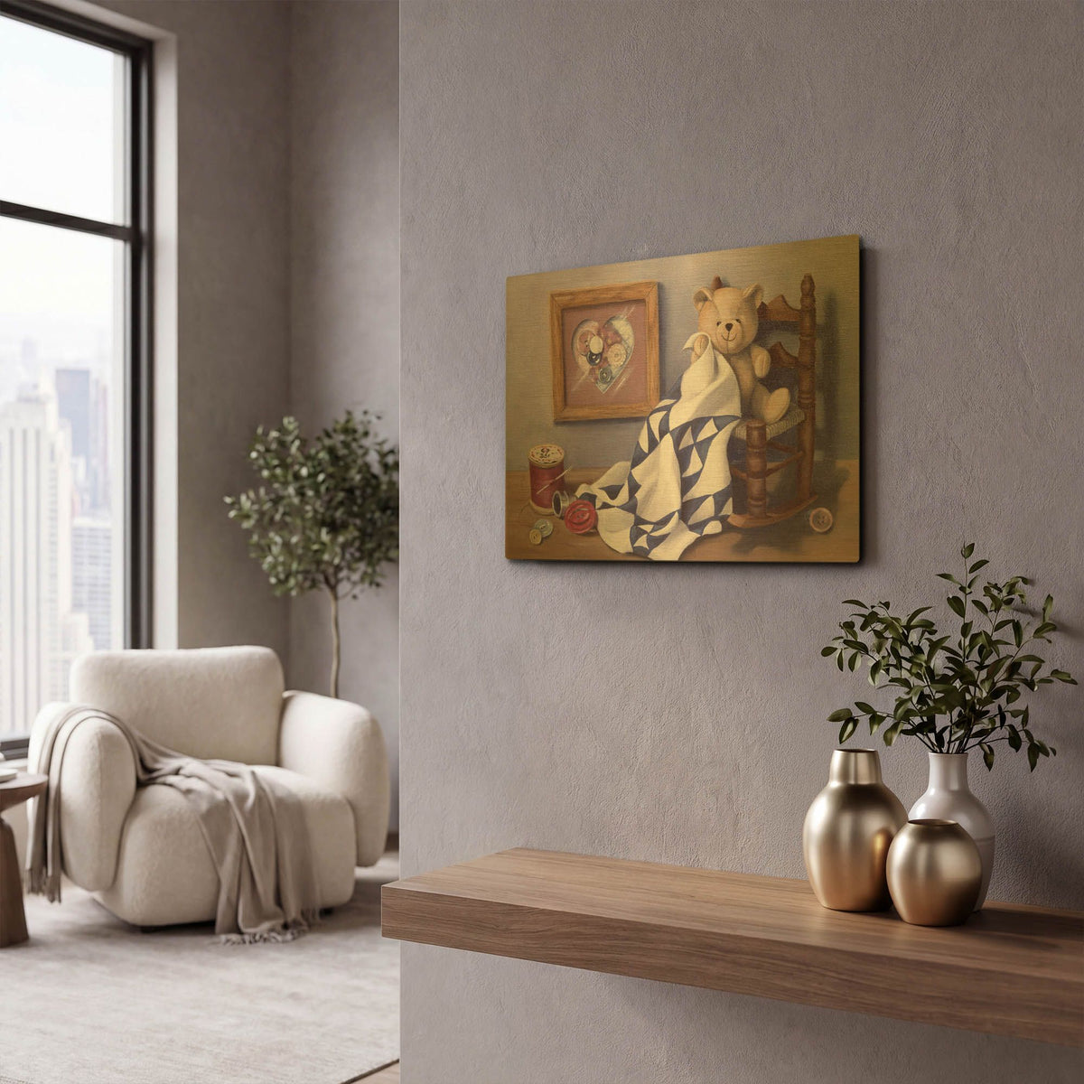 'Teddy & Red Button 2' By Cecile Baird Gold Metal Wall Art