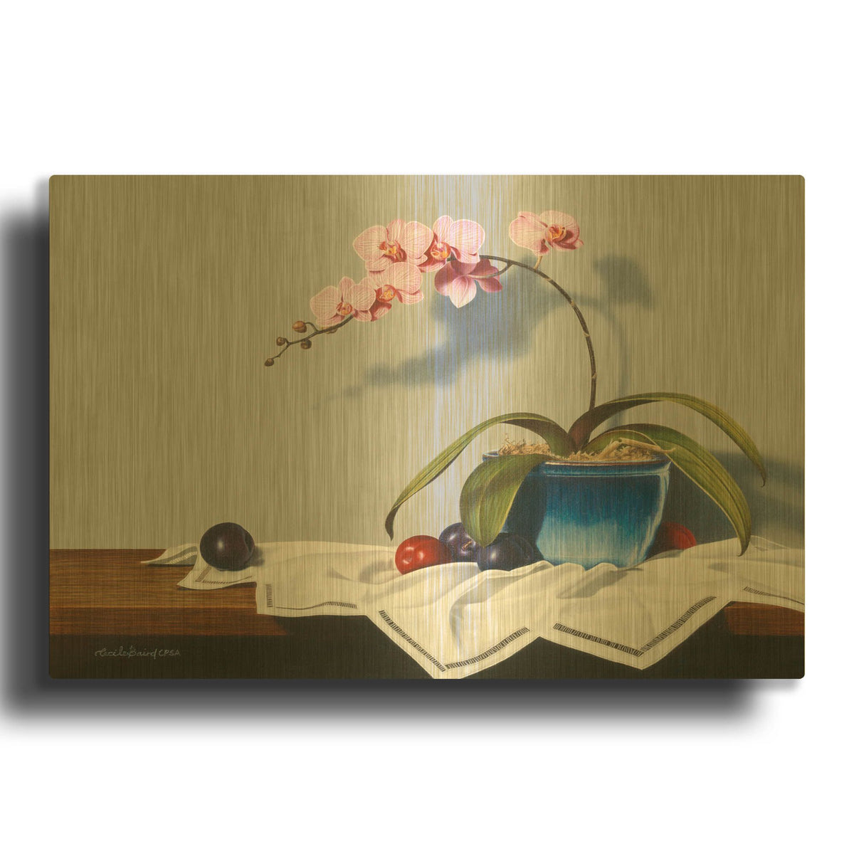 'Plums And Orchids' By Cecile Baird Gold Metal Wall Art