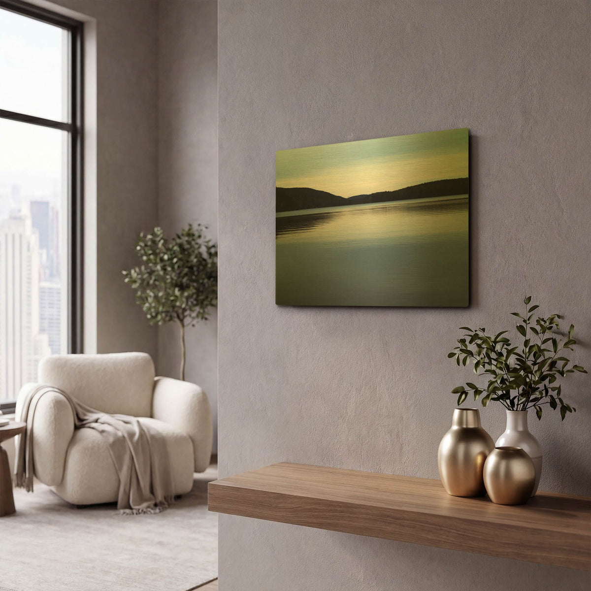 'Meech Lake water and hills' By Clive Branson Gold Metal Wall Art