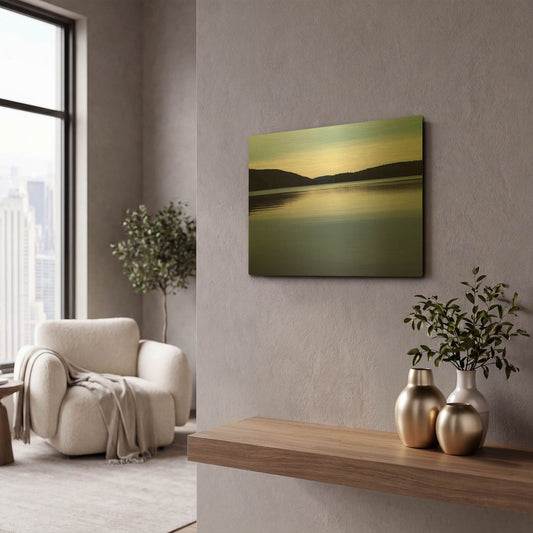 'Meech Lake water and hills' By Clive Branson Gold Metal Wall Art