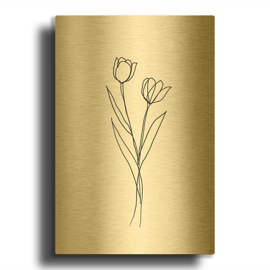 'Line Tulips 1' By Line and Brush Gold Metal Wall Art