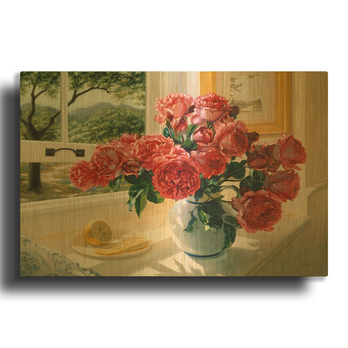 'Hot Pink Roses' By Robin Anderson Gold Metal Wall Art