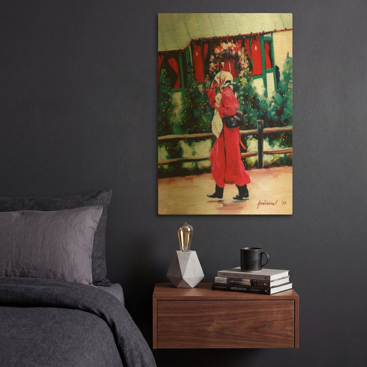 'Red Coat & Santa House' By Robin Anderson Gold Metal Wall Art