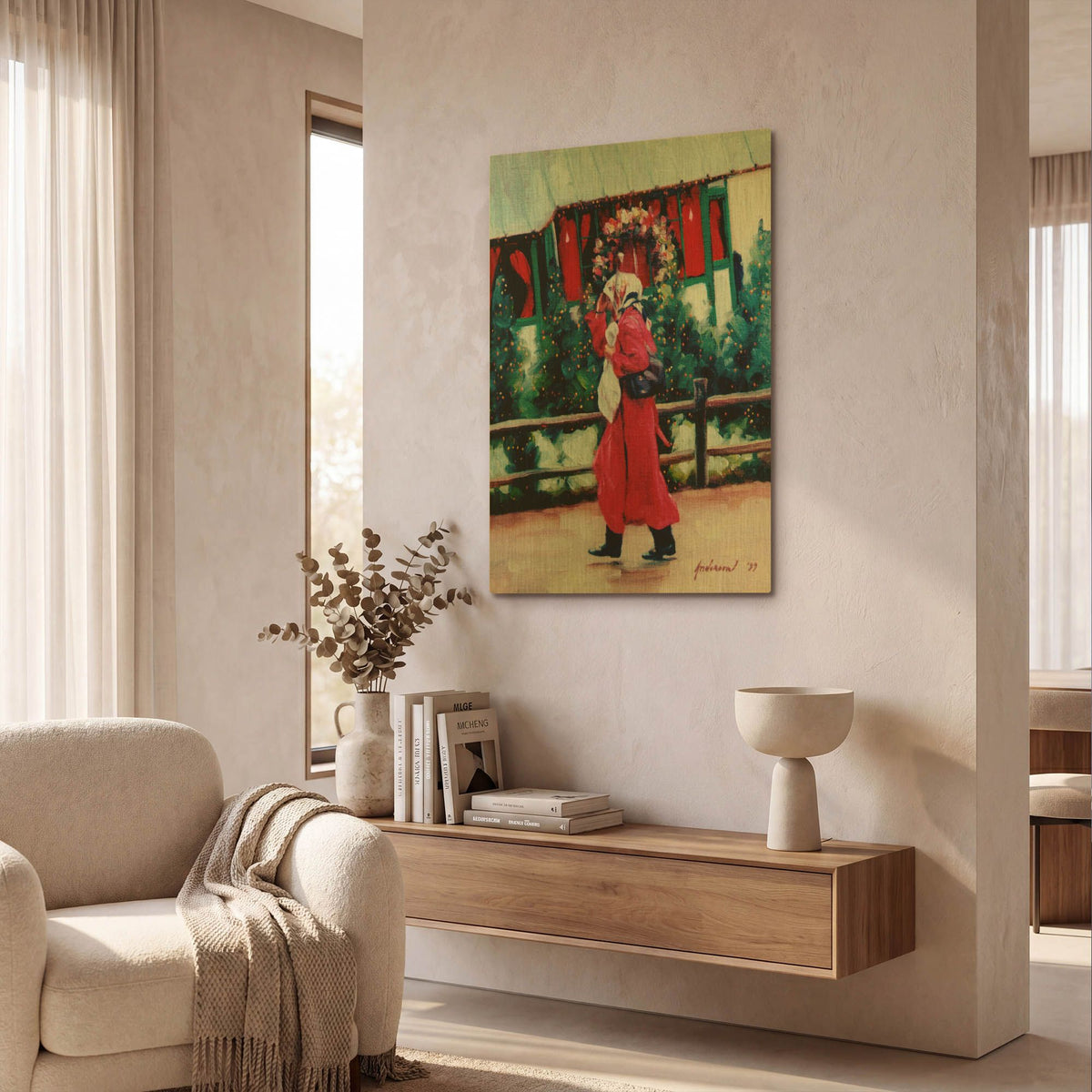 'Red Coat & Santa House' By Robin Anderson Gold Metal Wall Art