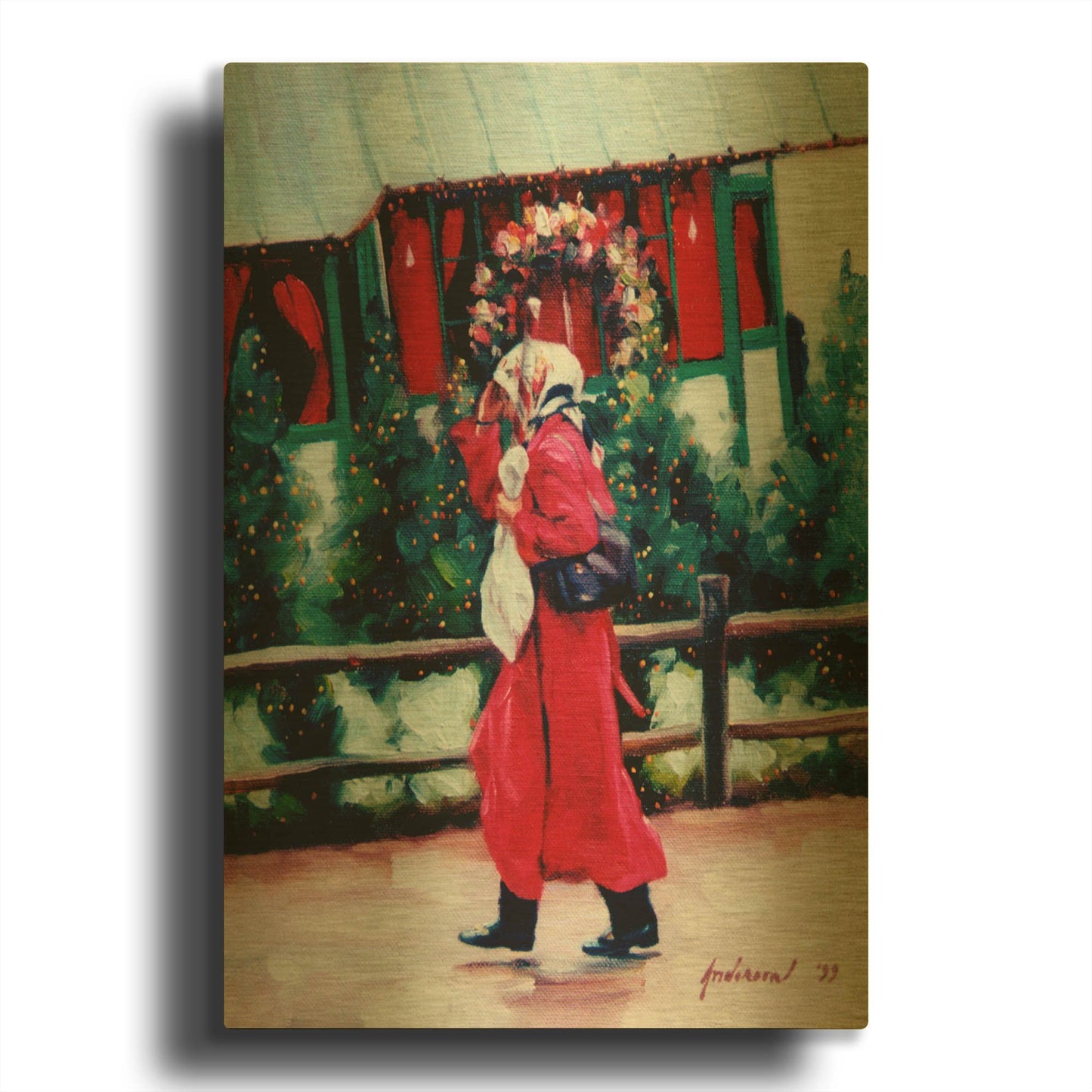 'Red Coat & Santa House' By Robin Anderson Gold Metal Wall Art