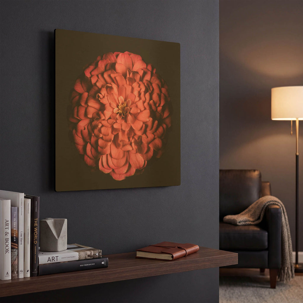 'Portrait of a Zinnia' By Leah McLean Gold Metal Wall Art