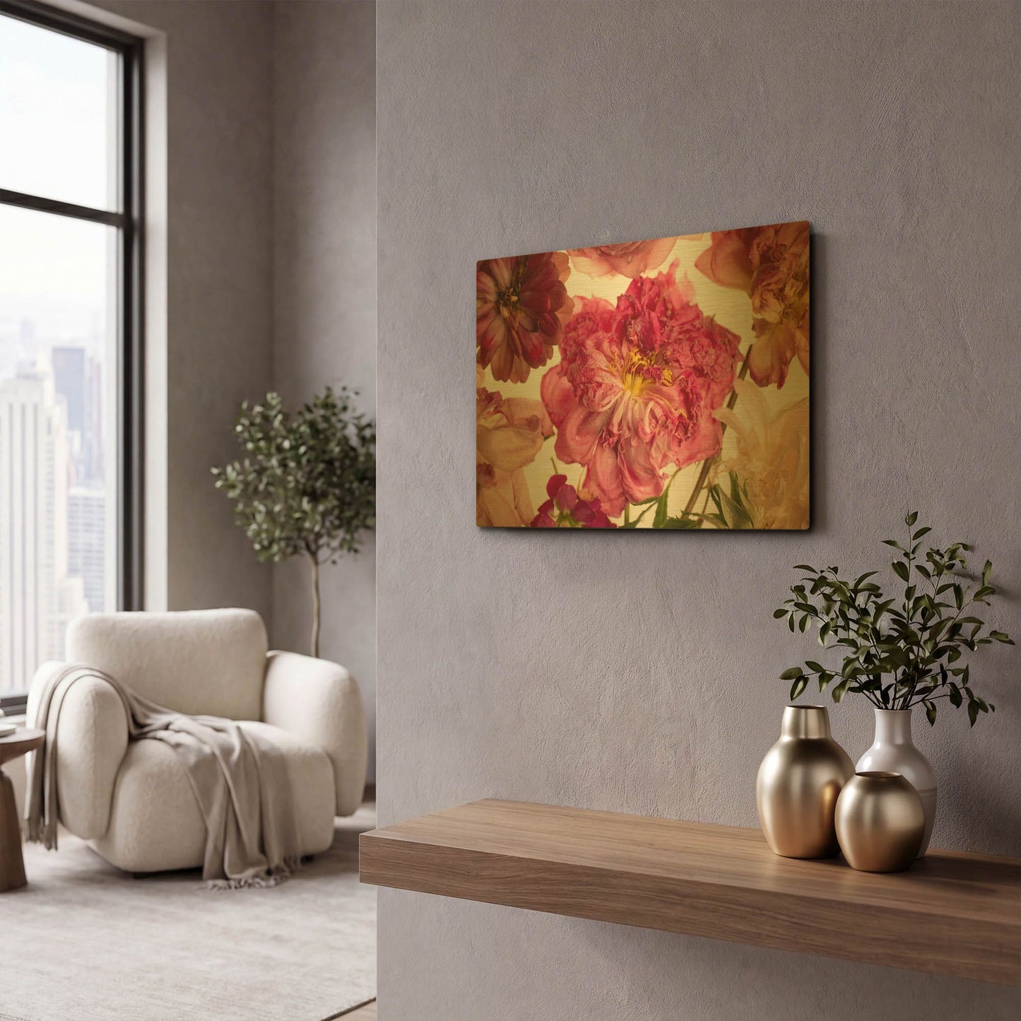 'Peony on White' By Leah McLean Gold Metal Wall Art