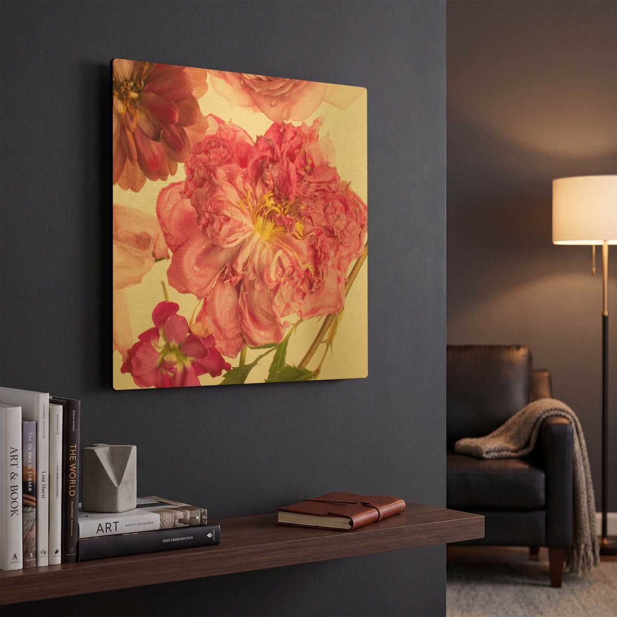 'Peony Dream on White' By Leah McLean Gold Metal Wall Art