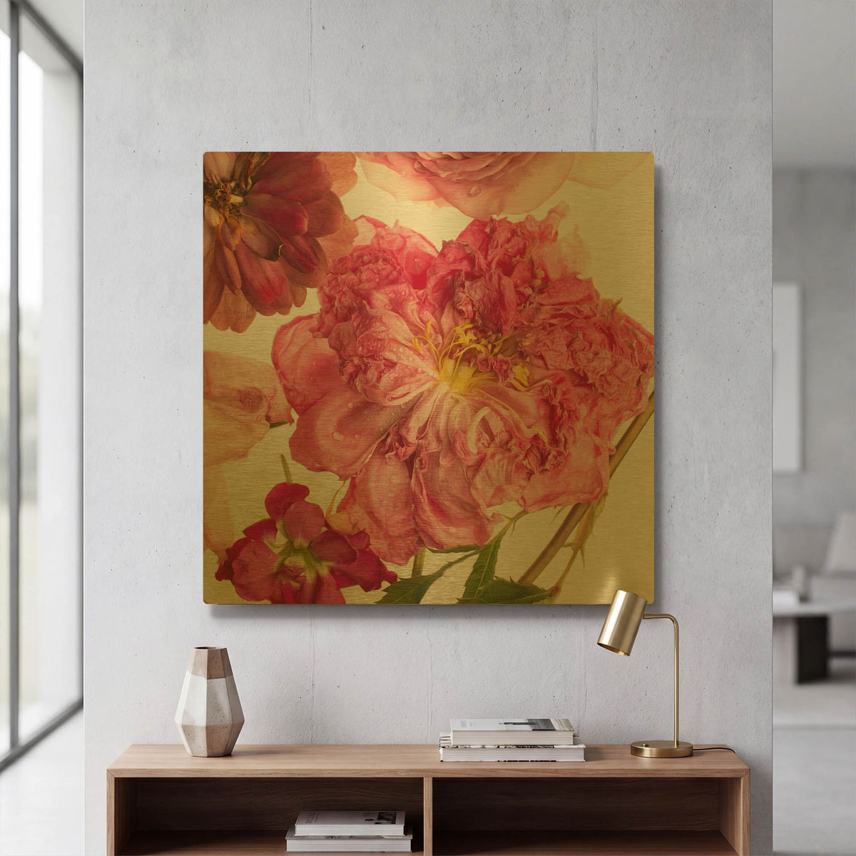 'Peony Dream on White' By Leah McLean Gold Metal Wall Art