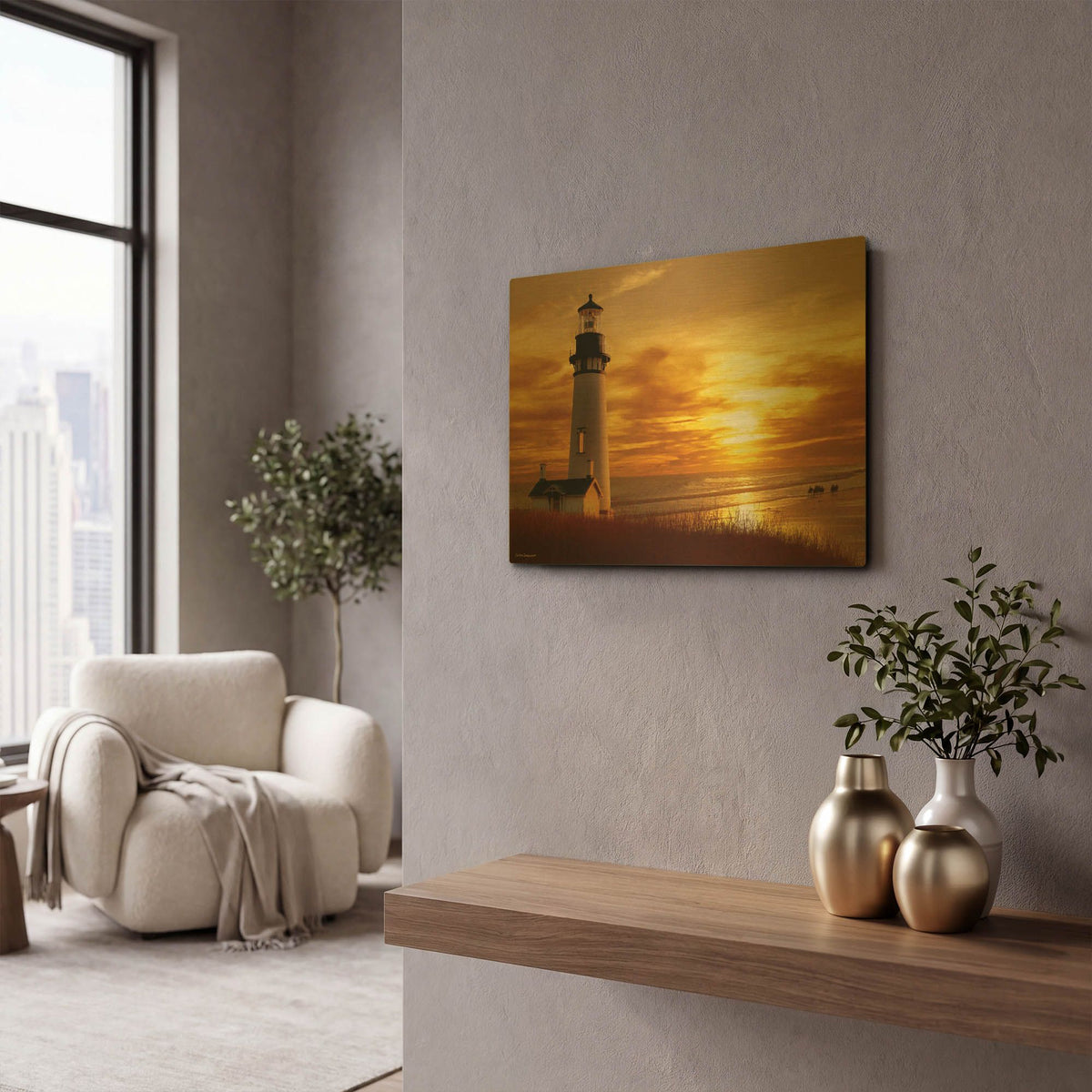 'Lighthouse at Sunset' By Carlos Casamayor Gold Metal Wall Art