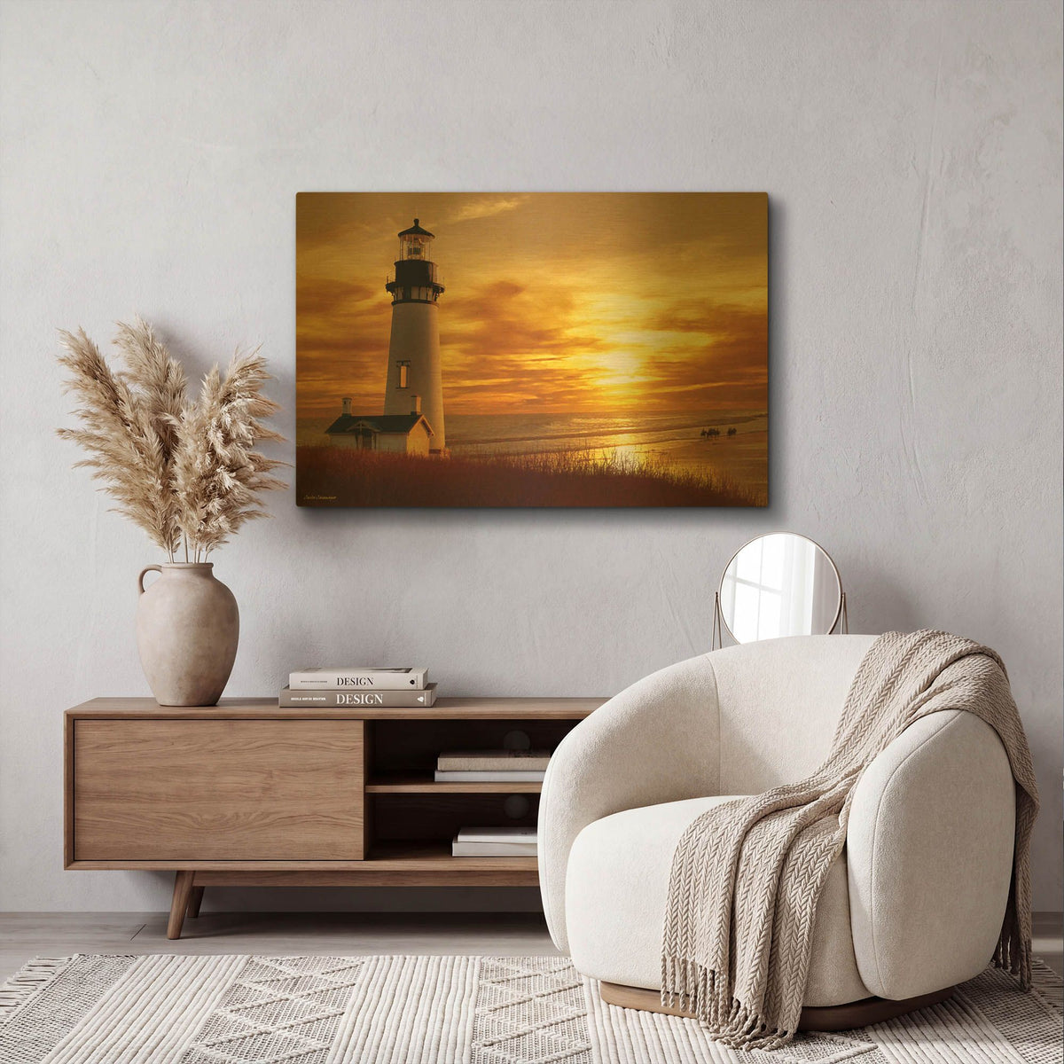 'Lighthouse at Sunset' By Carlos Casamayor Gold Metal Wall Art