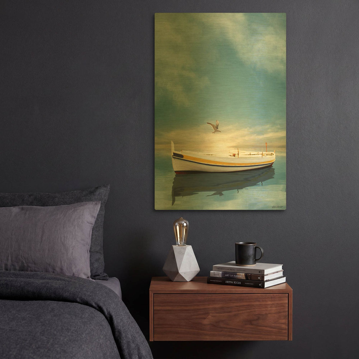 'The White Boat in the Sunset' By Carlos Casamayor Gold Metal Wall Art