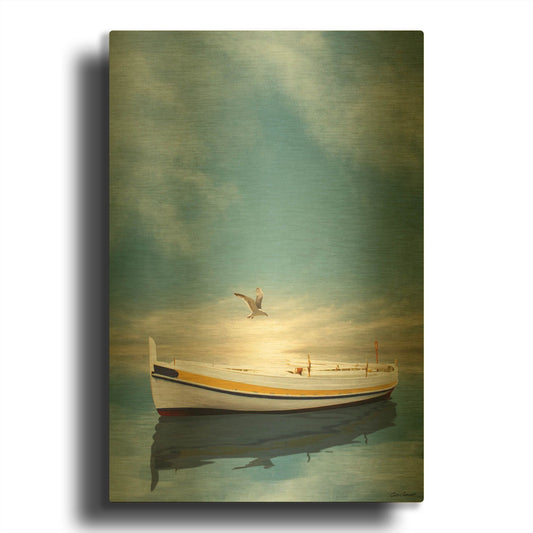 'The White Boat in the Sunset' By Carlos Casamayor Gold Metal Wall Art