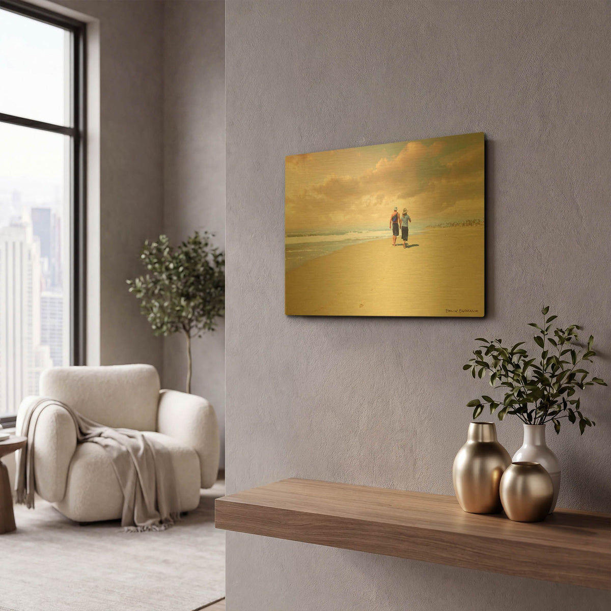 'Beach Walk' By Carlos Casamayor Gold Metal Wall Art