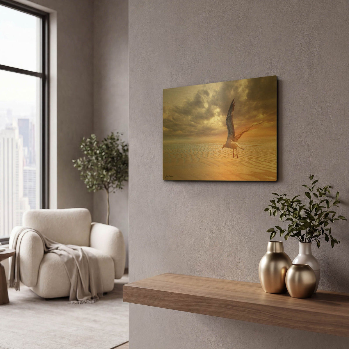 'Soft Sunrise on the Beach 5' By Carlos Casamayor Gold Metal Wall Art