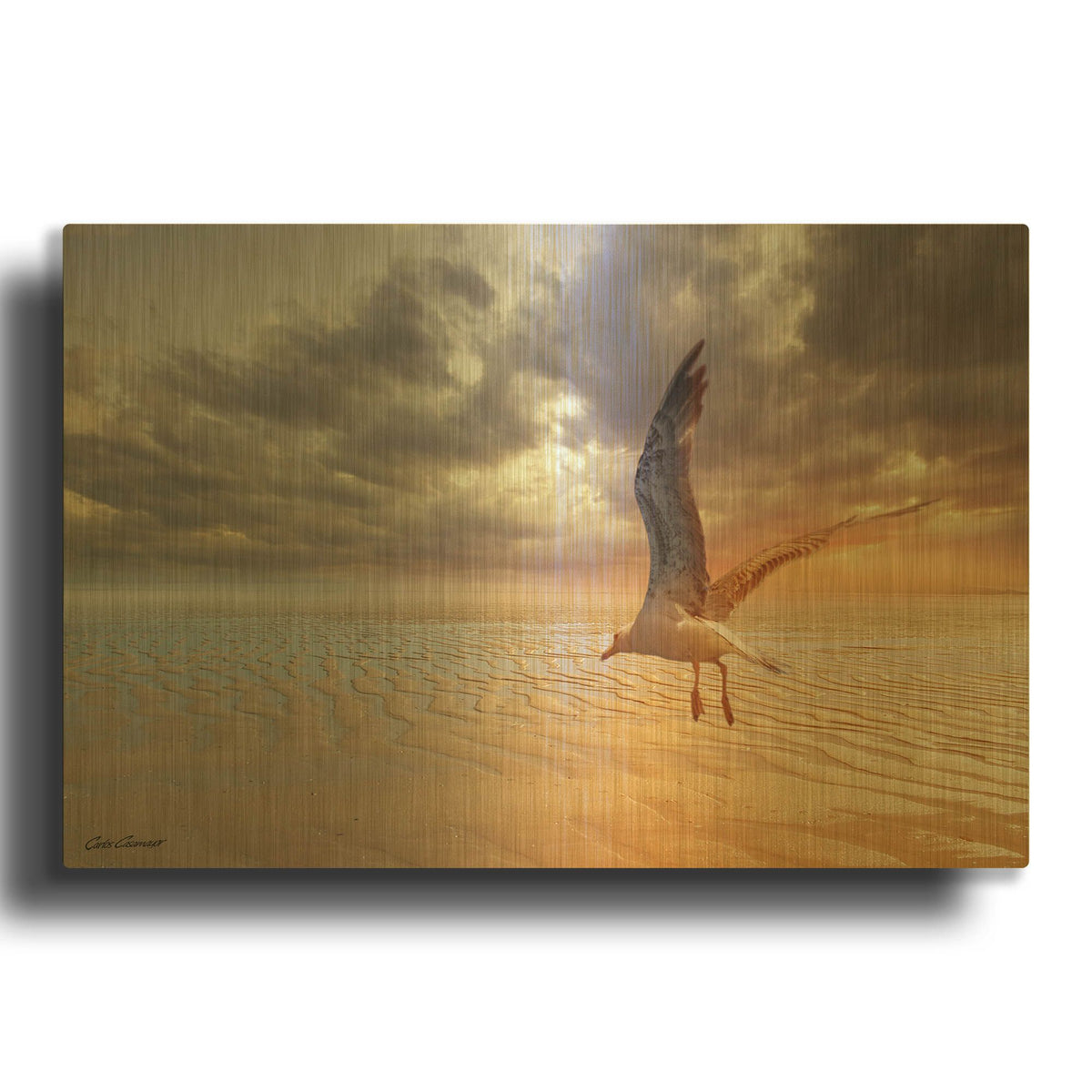 'Soft Sunrise on the Beach 5' By Carlos Casamayor Gold Metal Wall Art