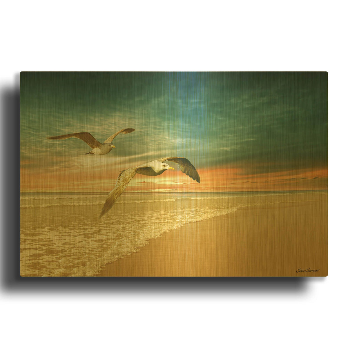 'Soft Sunrise on the Beach 6' By Carlos Casamayor Gold Metal Wall Art