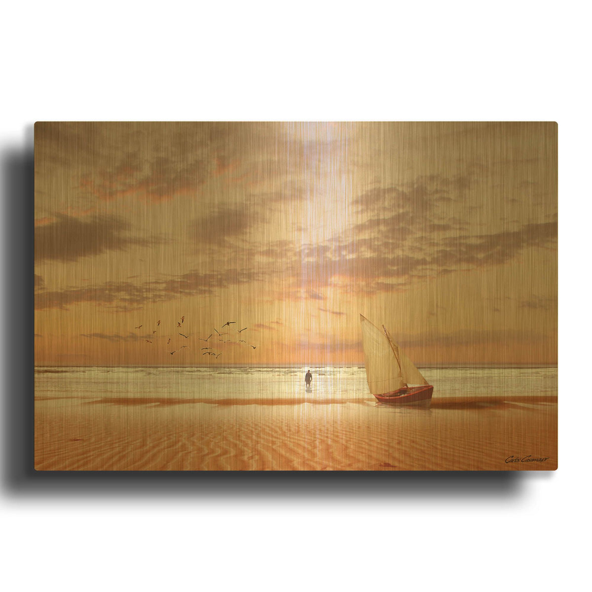 'Soft Sunrise on the Beach 7' By Carlos Casamayor Gold Metal Wall Art