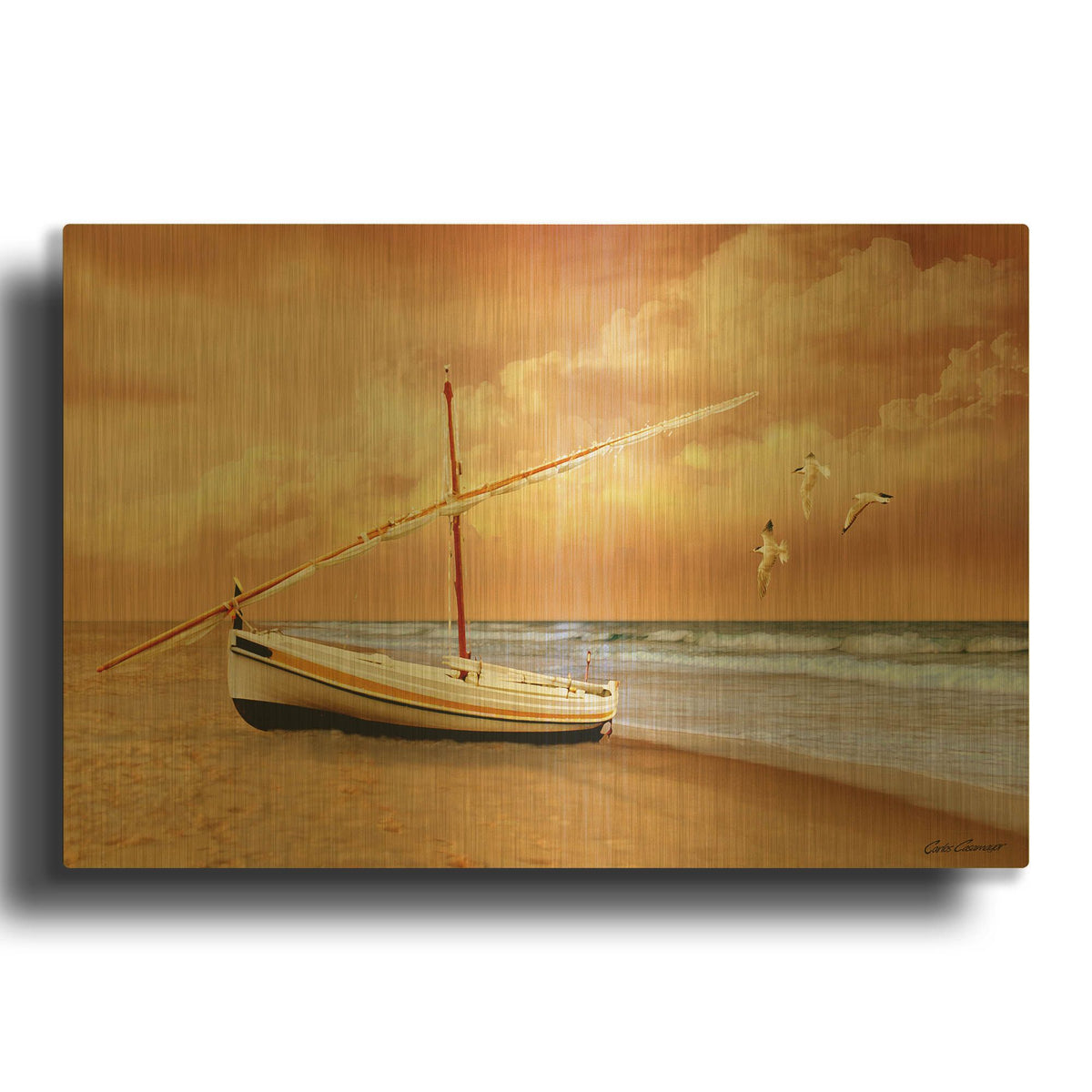 'Soft Sunrise on the Beach 10' By Carlos Casamayor Gold Metal Wall Art