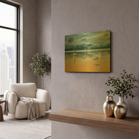 'Seagulls on the Beach' By Carlos Casamayor Gold Metal Wall Art
