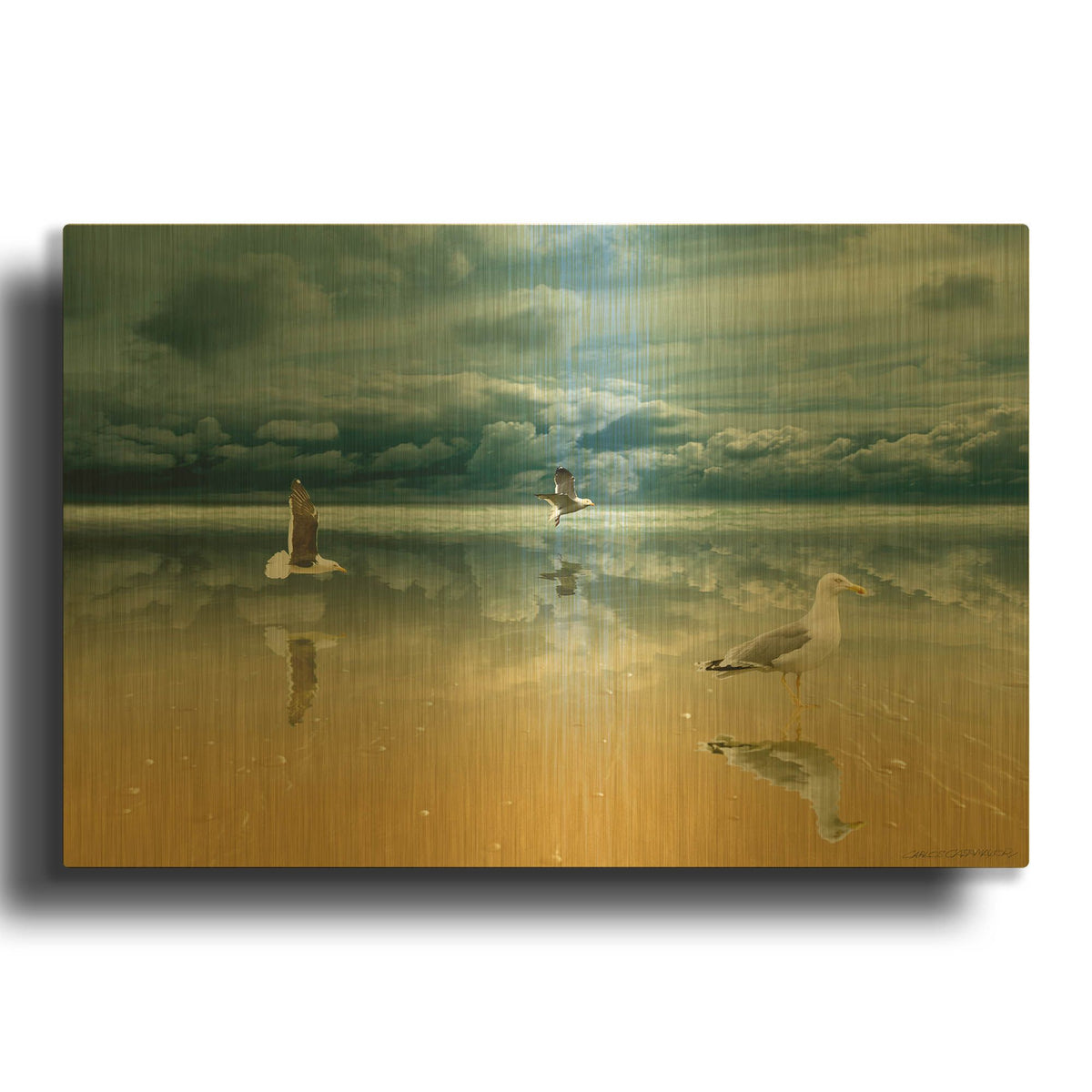 'Seagulls on the Beach' By Carlos Casamayor Gold Metal Wall Art