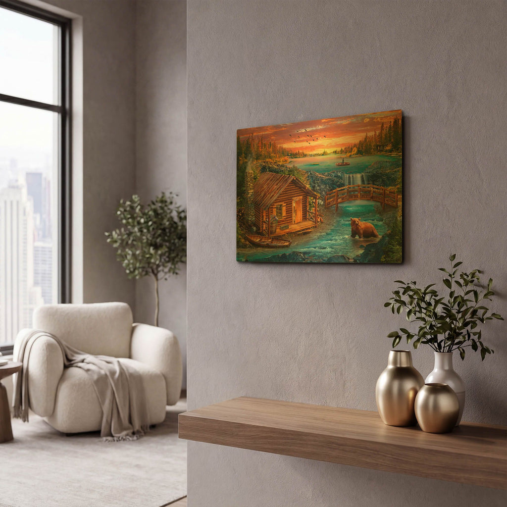 '33_River_Cabin' By Chris Dobrowolski Gold Metal Wall Art