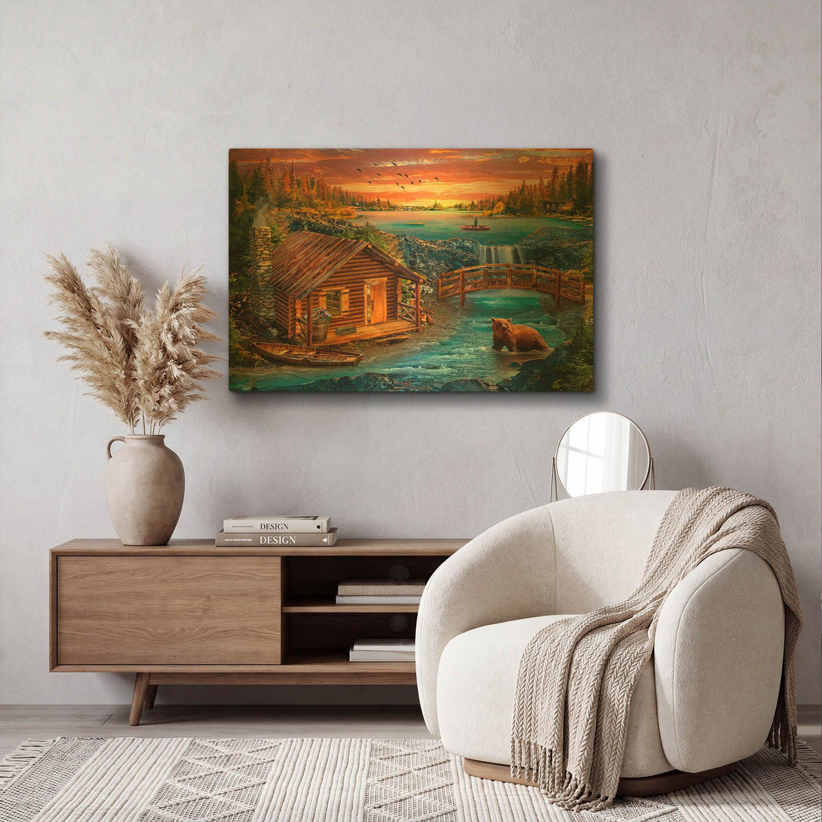 '33_River_Cabin' By Chris Dobrowolski Gold Metal Wall Art