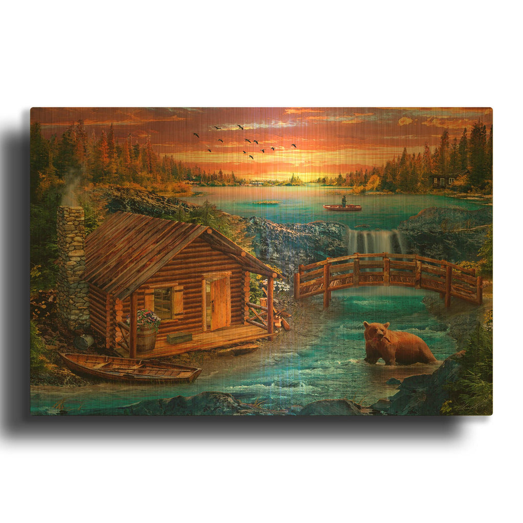 '33_River_Cabin' By Chris Dobrowolski Gold Metal Wall Art