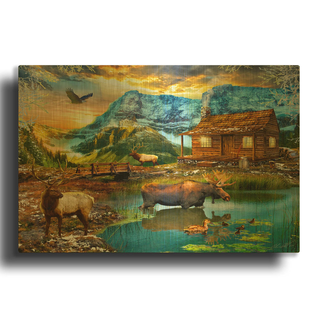 '35 Winter Cabin' By Chris Dobrowolski Gold Metal Wall Art