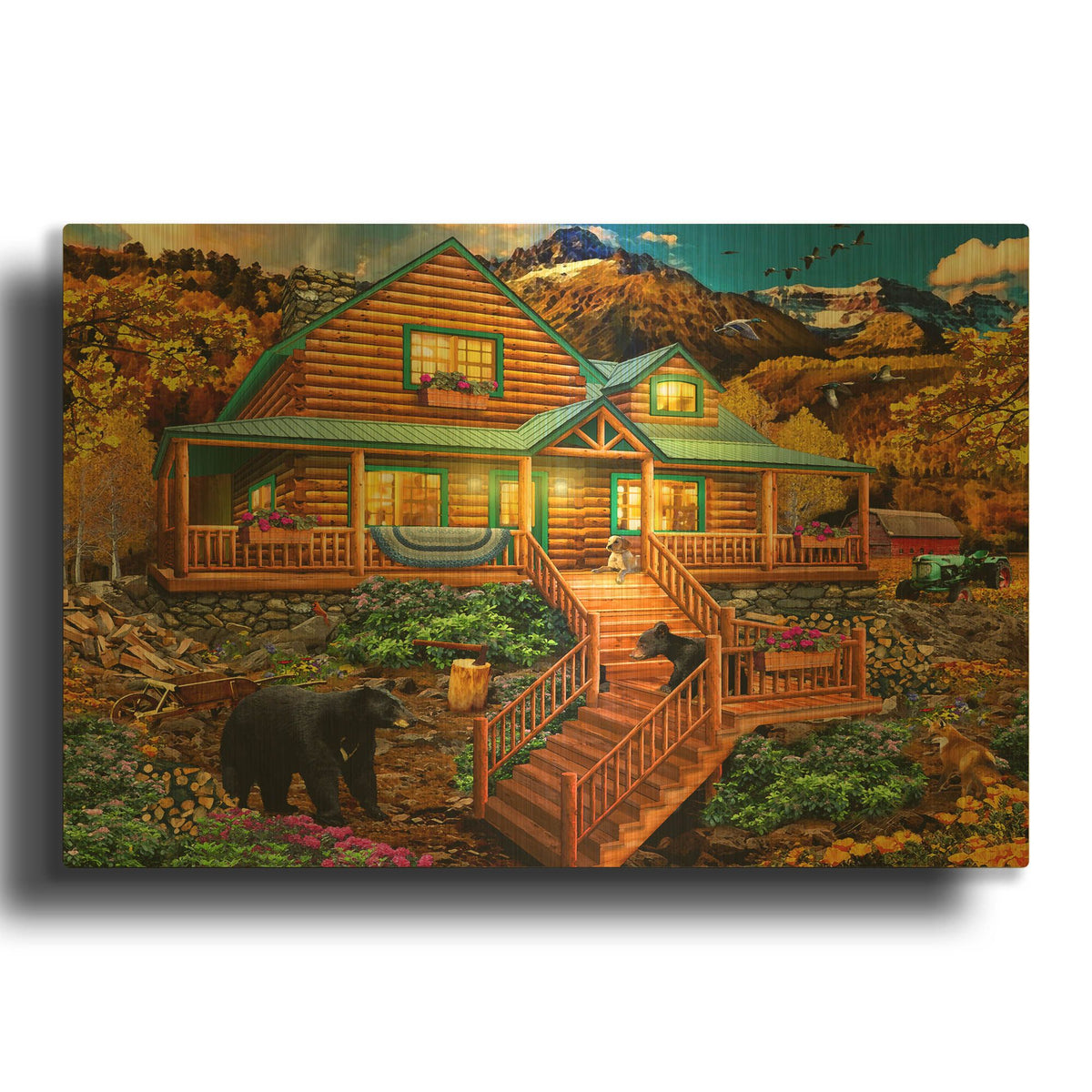 'Mountain Cabin Watercolor' By Chris Dobrowolski Gold Metal Wall Art