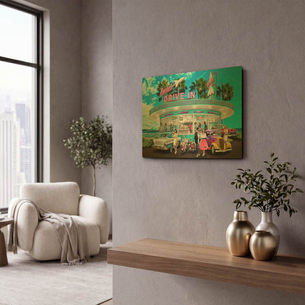 'Rocket Drive-In' By Chris Dobrowolski Gold Metal Wall Art