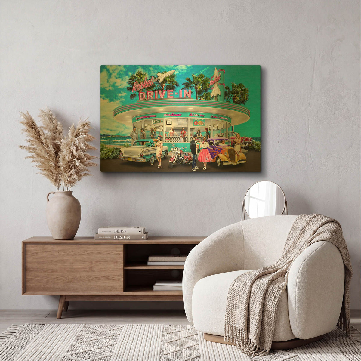 'Rocket Drive-In' By Chris Dobrowolski Gold Metal Wall Art