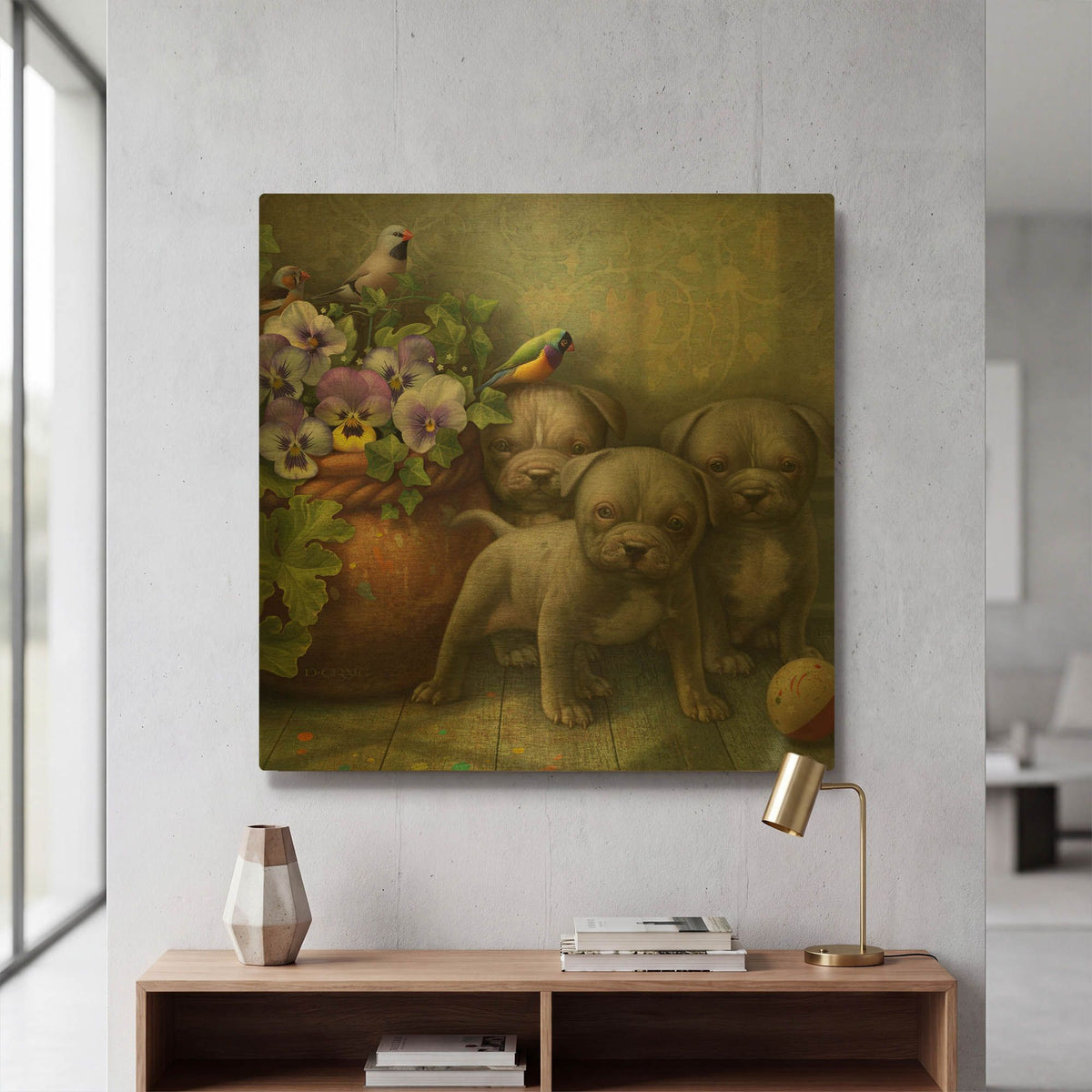 'Pit Bull Pups' By Dan Craig Gold Metal Wall Art