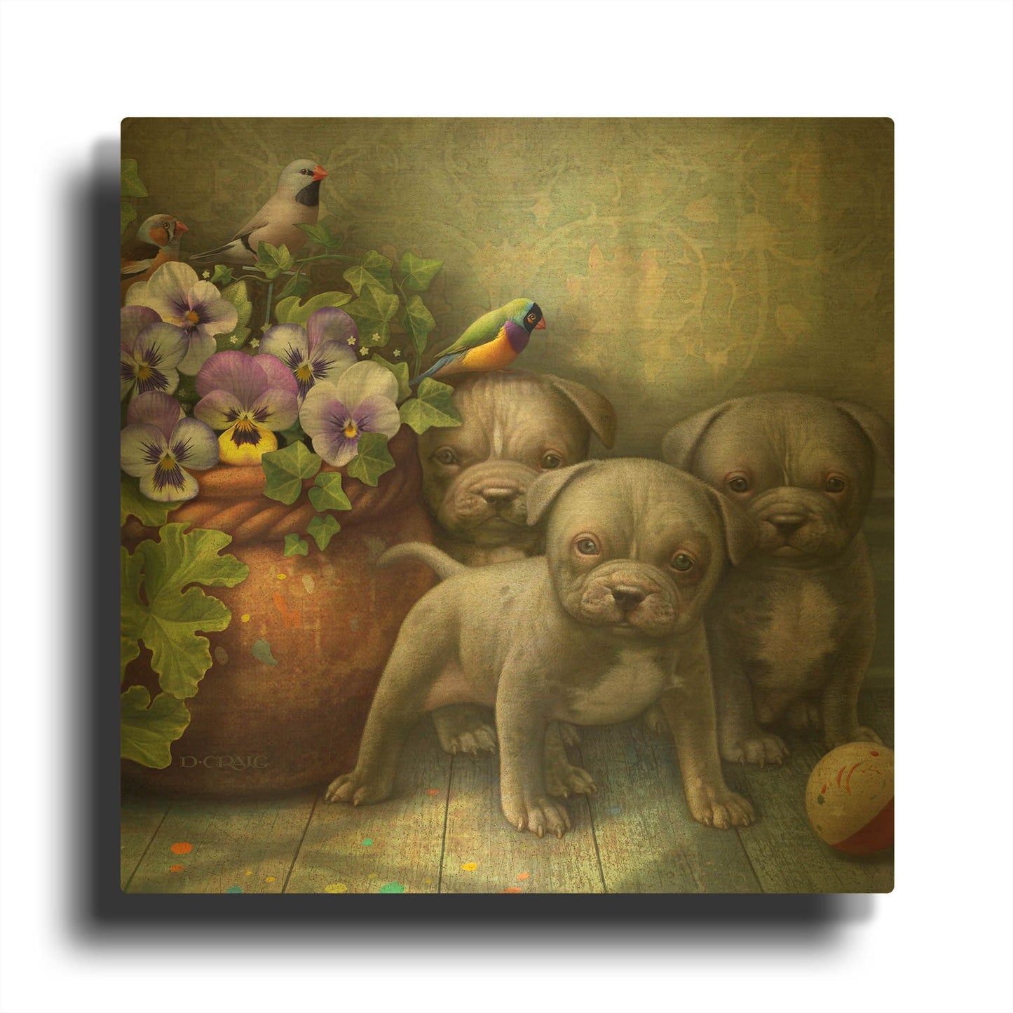 'Pit Bull Pups' By Dan Craig Gold Metal Wall Art