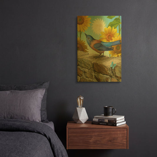 'The Sun-Bluebird' By Dan Craig Gold Metal Wall Art