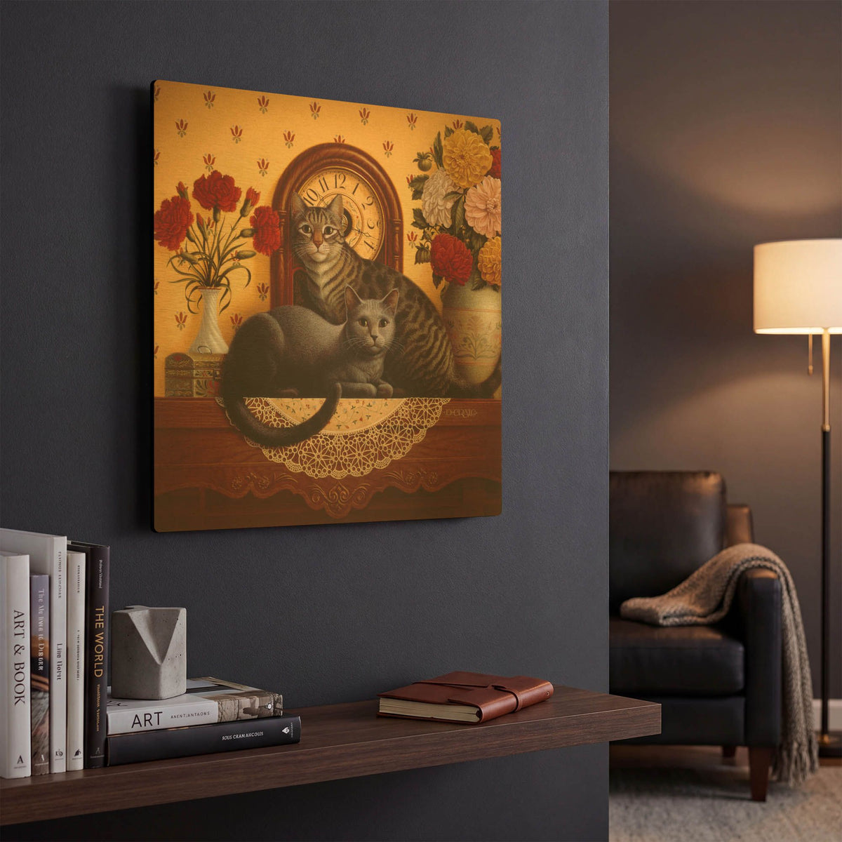 '047 Mantel Cats' By Dan Craig Gold Metal Wall Art