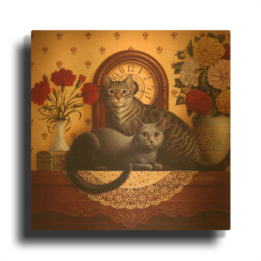 '047 Mantel Cats' By Dan Craig Gold Metal Wall Art