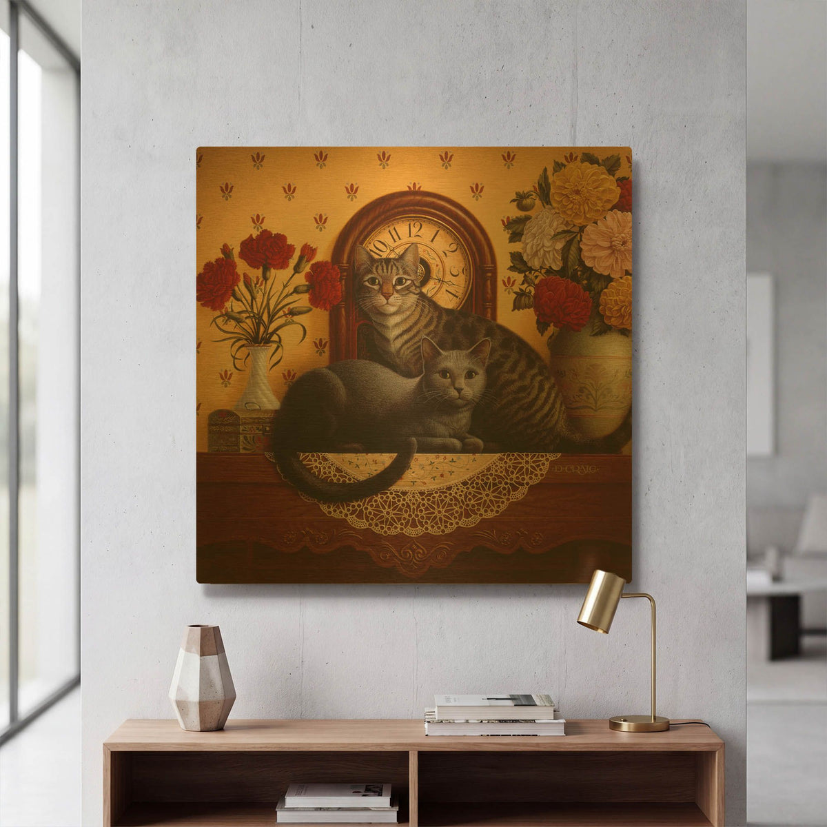 '047 Mantel Cats' By Dan Craig Gold Metal Wall Art