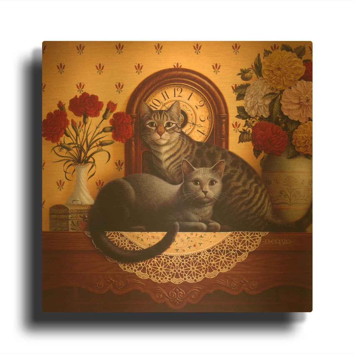 '047 Mantel Cats' By Dan Craig Gold Metal Wall Art