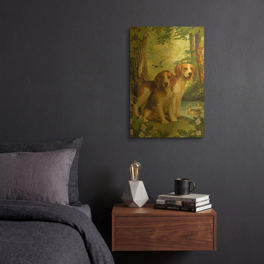 'Beagles And Duck' By Dan Craig Gold Metal Wall Art