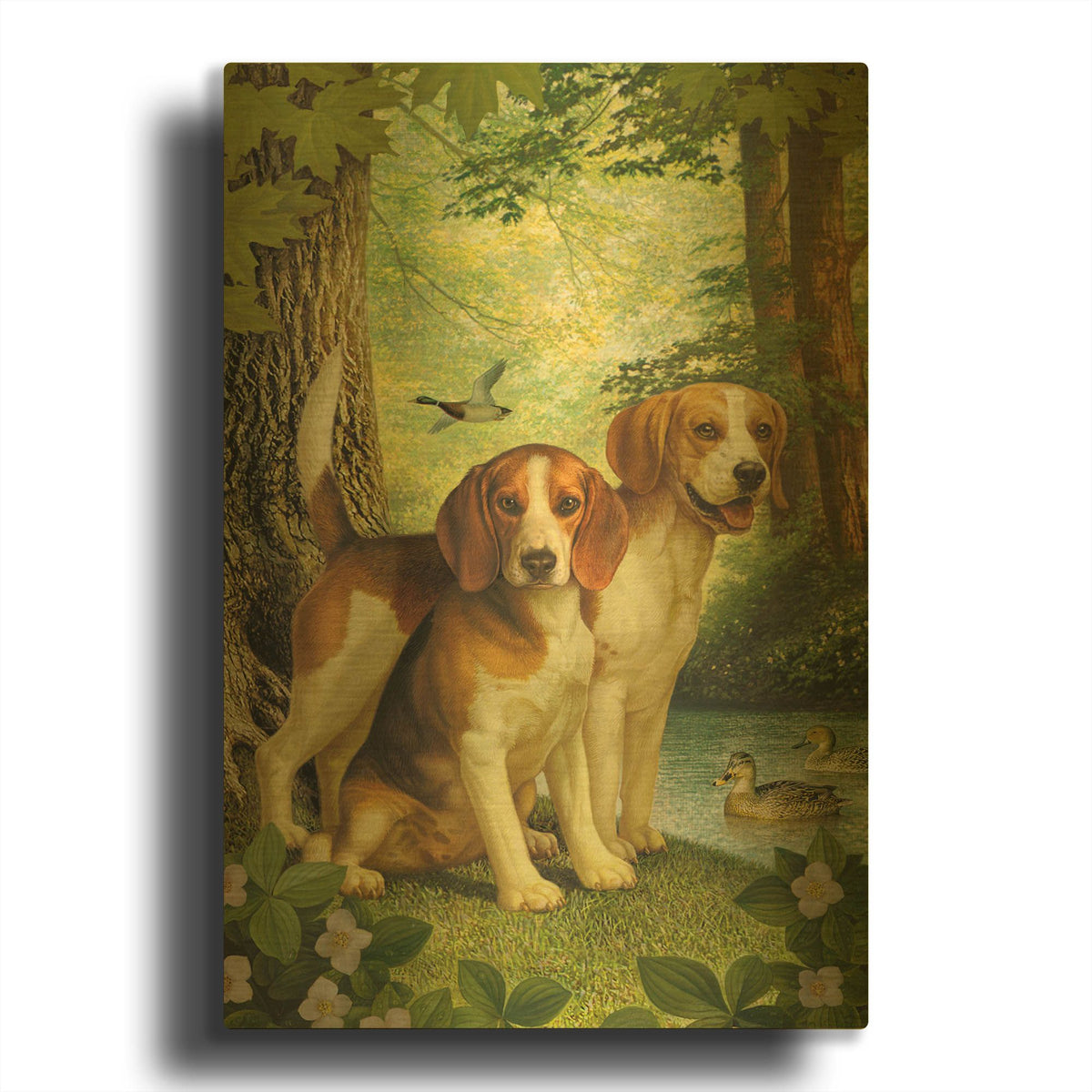'Beagles And Duck' By Dan Craig Gold Metal Wall Art