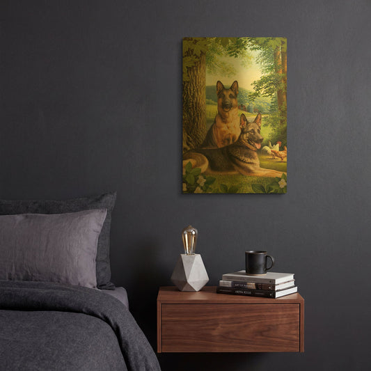'German Shephards & Chicken' By Dan Craig Gold Metal Wall Art
