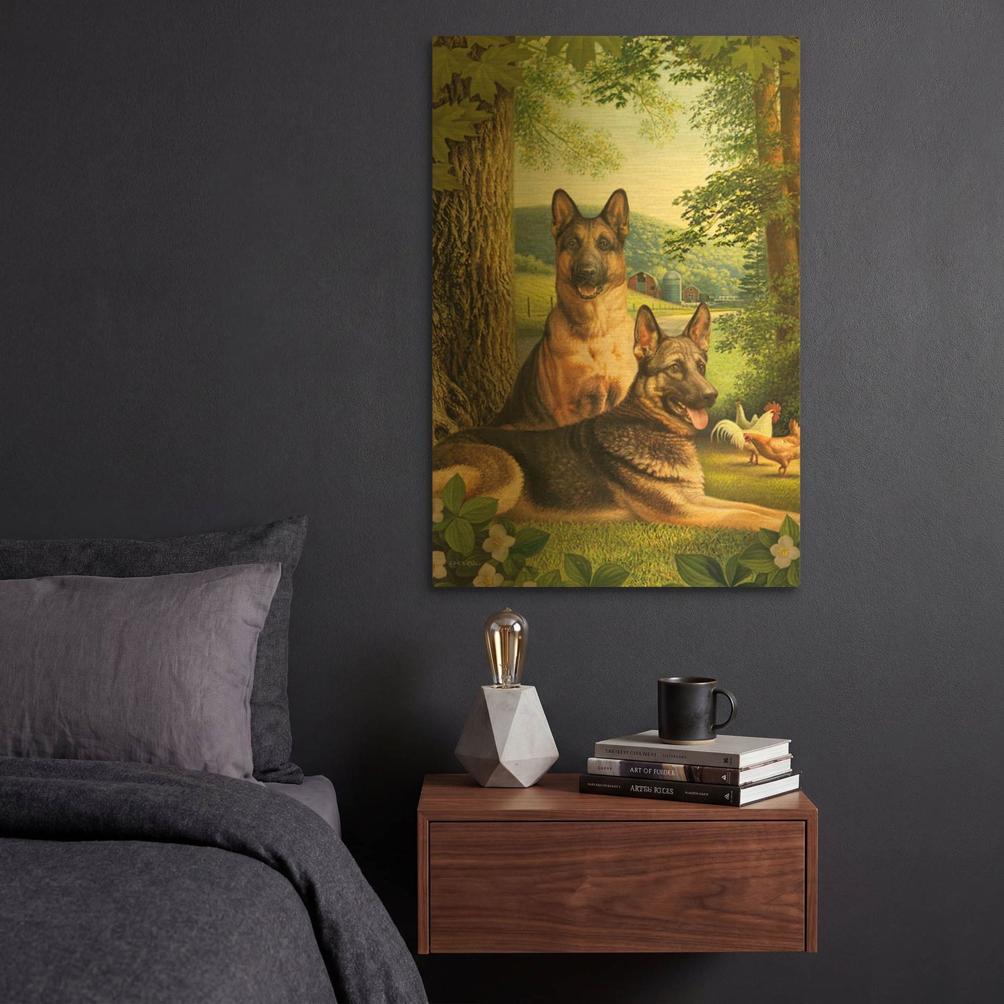 'German Shephards & Chicken' By Dan Craig Gold Metal Wall Art