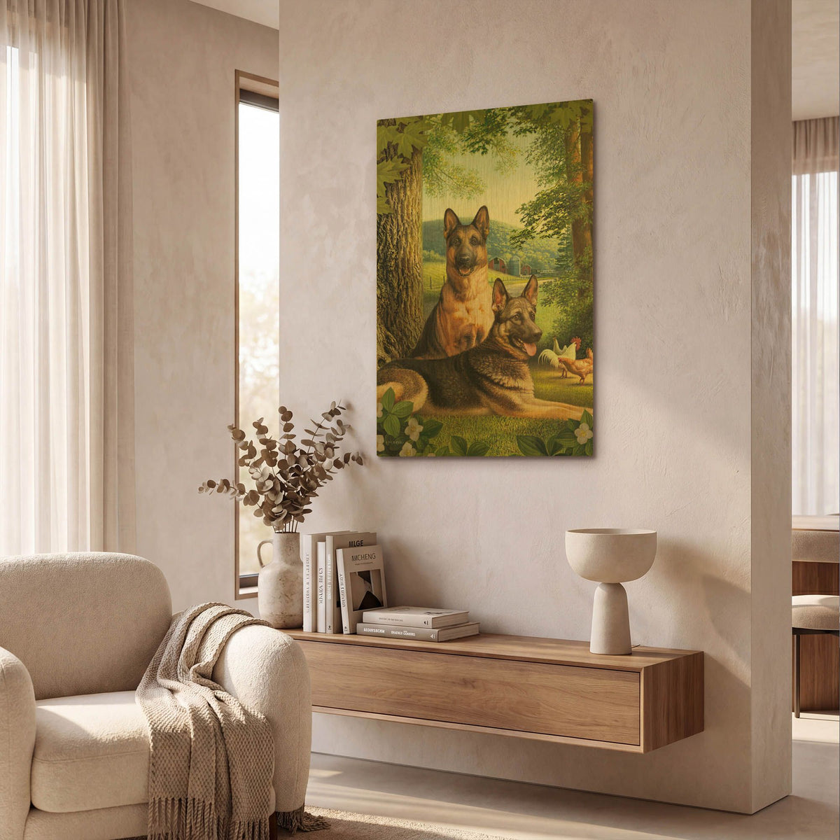 'German Shephards & Chicken' By Dan Craig Gold Metal Wall Art