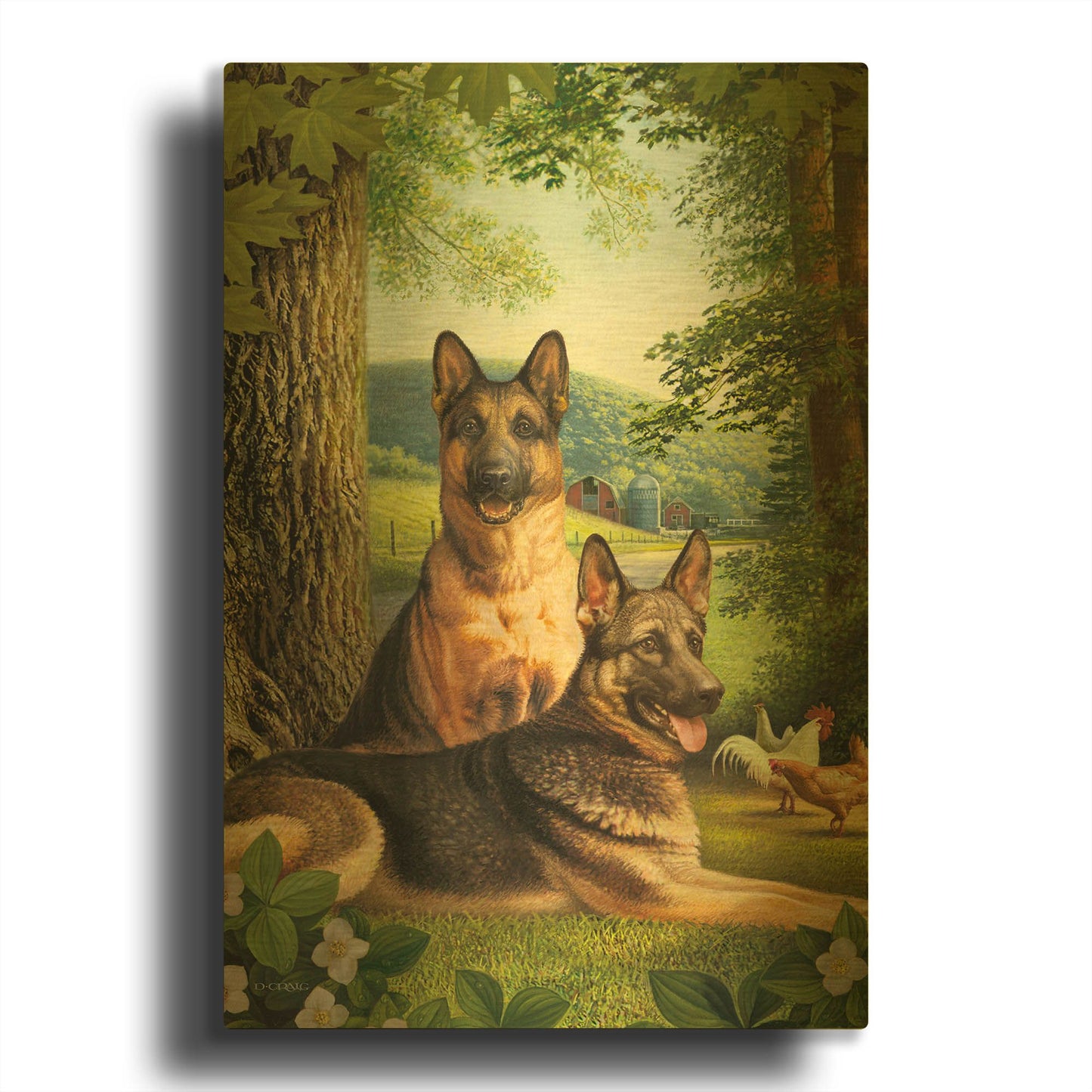 'German Shephards & Chicken' By Dan Craig Gold Metal Wall Art